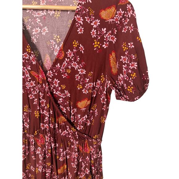 Madewell Ruffle Wrap Dress Windowbox Floral Butterfly Burgundy Short Sleeve 6 - Picture 2 of 6